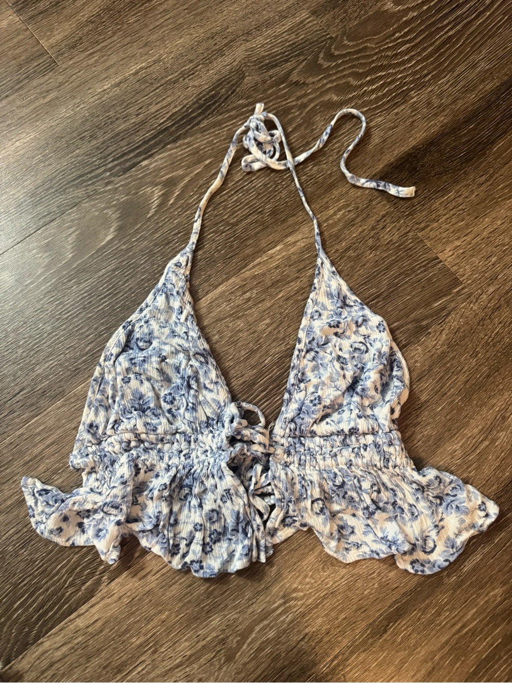 Blue Floral Tie-Front Halter Crop Top